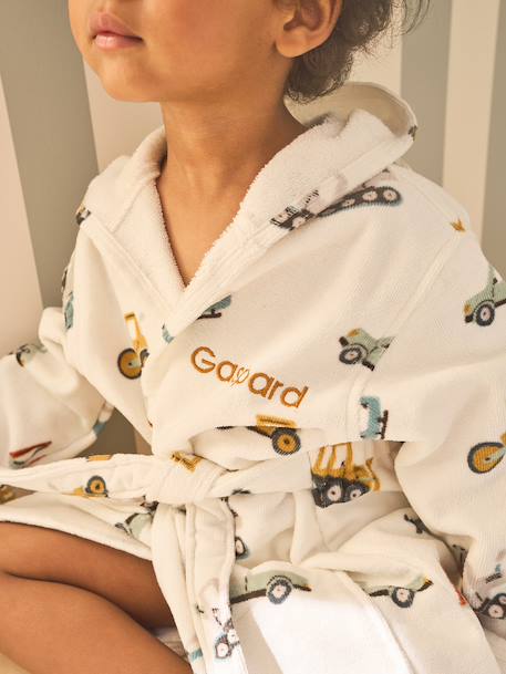 CONSTRUCTION bathrobe for children, with recycled cotton printed white 