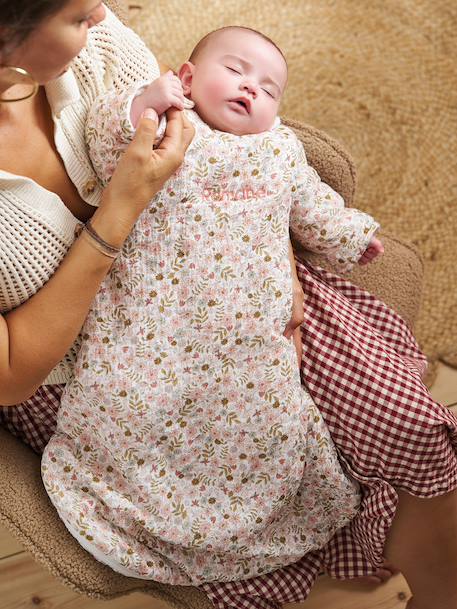 Customisable baby sleeping bag with detachable sleeves FLORA printed white 