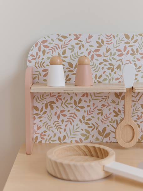 Wooden kitchen with FSC100® wooden accessories ecru+rose+sage green 