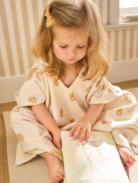Customisable PETIT OURS baby bath poncho, with recycled cotton printed white 