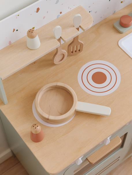 Wooden kitchen with FSC100® wooden accessories ecru+rose+sage green 