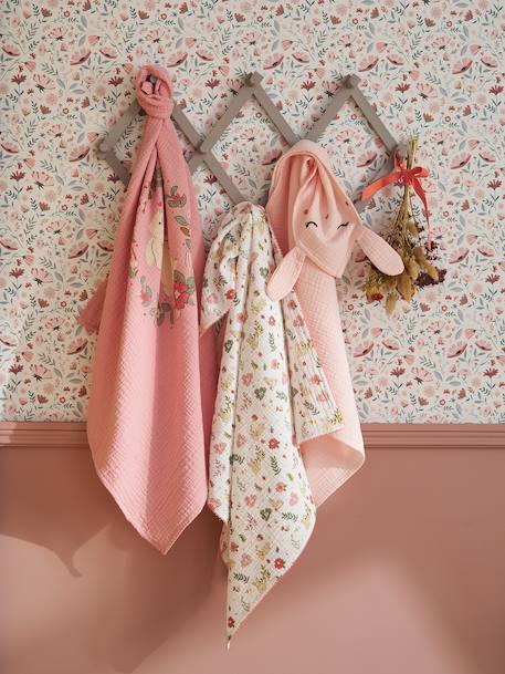 Pack of 3 muslin squares in cotton gauze ENCHANTED RABBIT set pink 