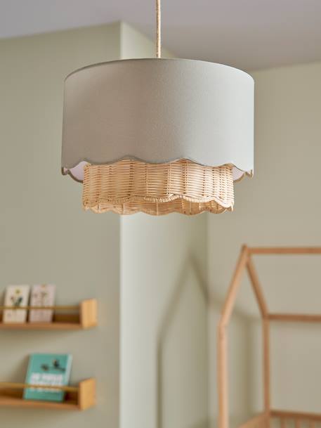 Hanging lampshade with scalloped fabric and rattan sage green 
