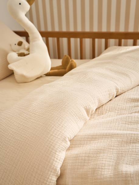 Plain Duvet Cover + Pillowcase Set in Organic Cotton* Gauze for Babies ochre+sage green+vanilla 