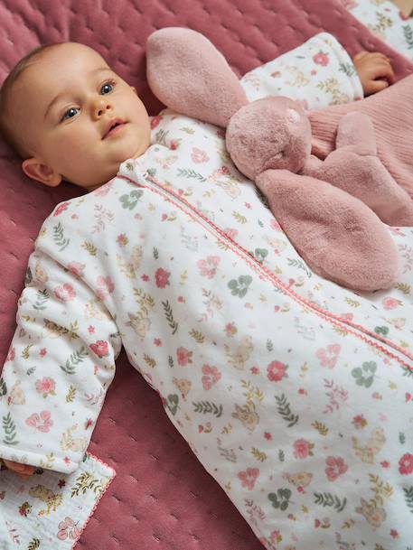 Baby sleeping bag with detachable long sleeves, ENCHANTED RABBIT printed white 
