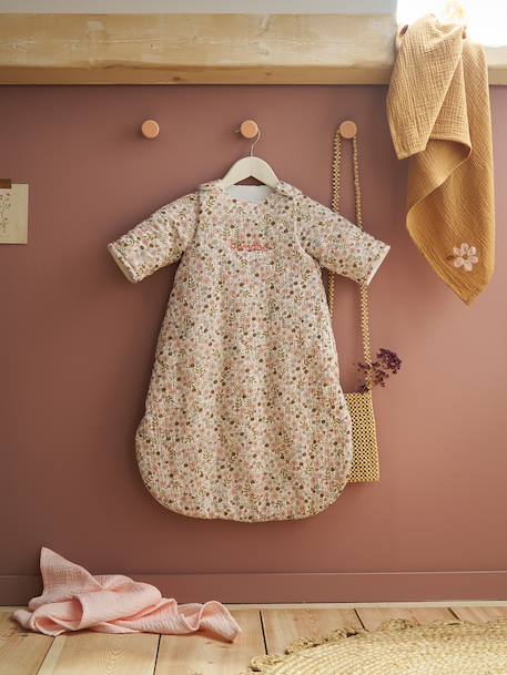 Customisable baby sleeping bag with detachable sleeves FLORA printed white 