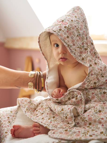 Cotton Muslin Bath Cape + Wash Mitt, FLORA printed white 