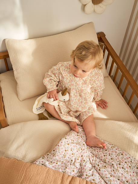 Plain Duvet Cover + Pillowcase Set in Organic Cotton* Gauze for Babies ochre+sage green+vanilla 