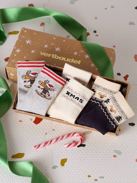 Set of 3 pairs of boys' Christmas socks in bouclé knit ecru 