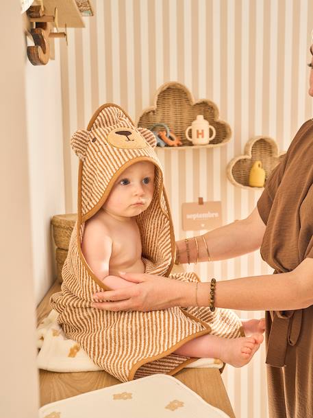 Bath cape + PETIT OURS wash mitt, with recycled cotton striped beige 