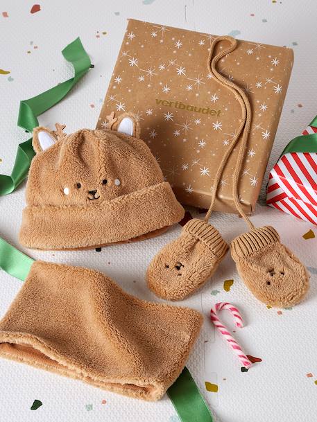 Christmas Set with Bear Beanie, Snood & Mittens for Babies pecan nut 