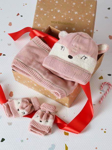 Christmas Set with Beanie + Snood + Gloves/Mittens rosy 