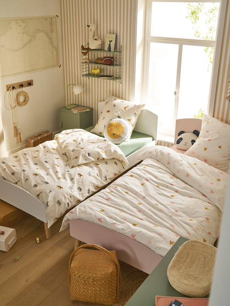 Essential WILD ANIMALS duvet cover set + pillowcase for children, with recycled cotton printed white 