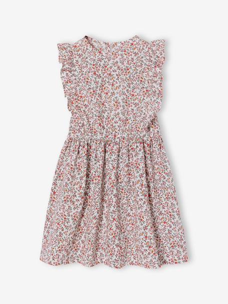 Frilly seersucker dress for girls printed white+sage green 