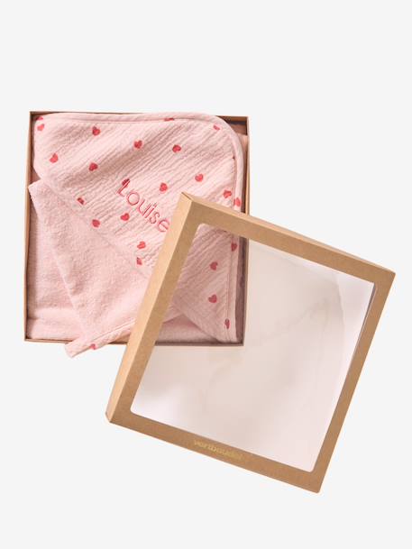 Bath cape + wash mitt MY HEART printed pink 