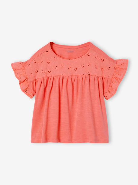 Girl's t-shirt with embroidered details coral+ecru+khaki 