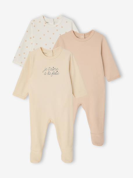 Pack of 3 Organic Cotton Sleepsuits for Babies beige+ecru+sage green 