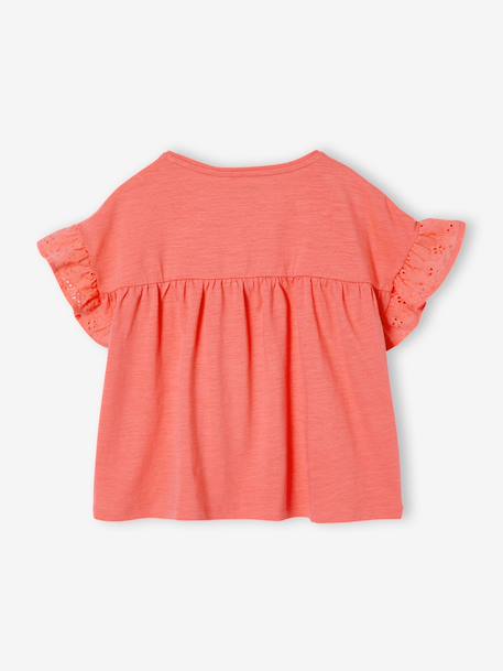 Girl's t-shirt with embroidered details coral+ecru+khaki 