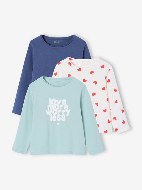 Pack of 3 long-sleeved girls' fancy t-shirts anthracite+coral+ecru+grey blue+indigo+mauve+rose 