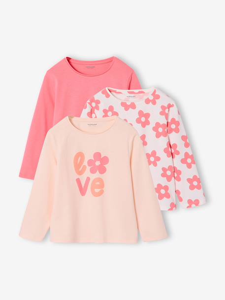 Pack of 3 long-sleeved girls' fancy t-shirts anthracite+coral+ecru+grey blue+indigo+mauve+rose 