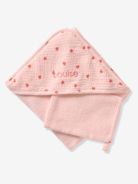 Bath cape + wash mitt MY HEART printed pink 