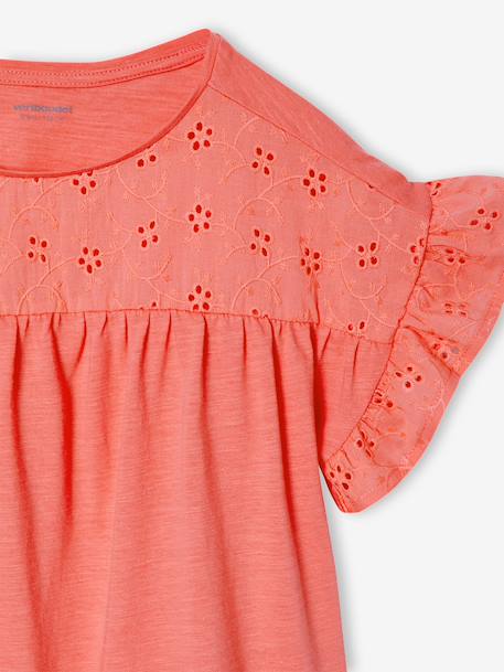 Girl's t-shirt with embroidered details coral+ecru+khaki 