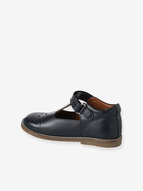 Girls' leather mary janes with touch-and-close fastening navy blue+white 
