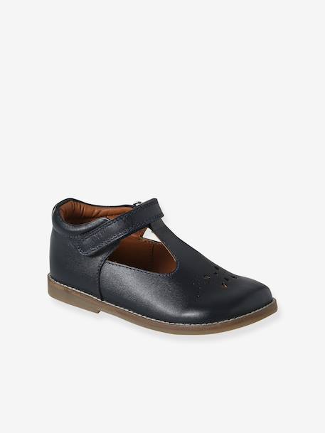 Girls' leather mary janes with touch-and-close fastening navy blue+white 