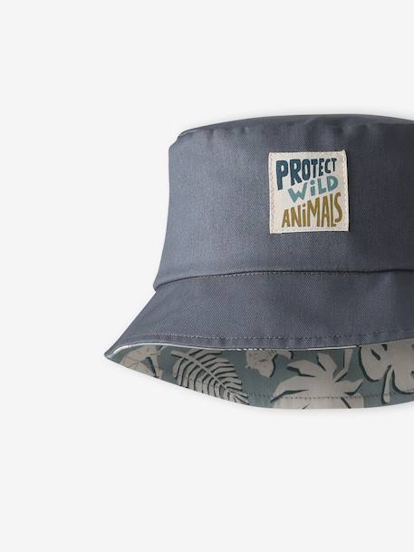 Reversible patterned cotton bucket hat for boys grey blue 