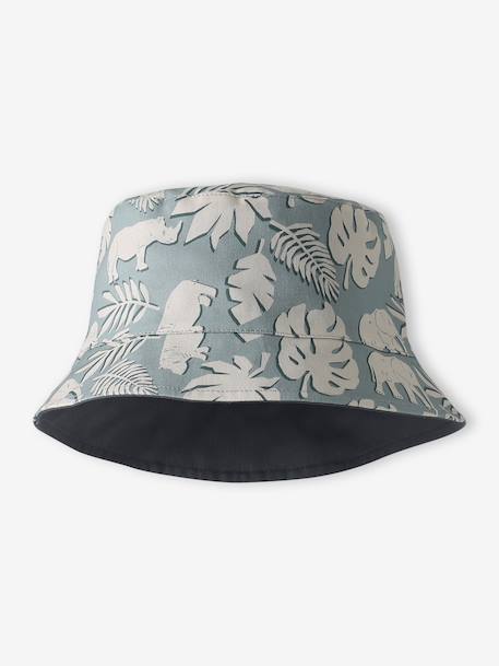 Reversible patterned cotton bucket hat for boys grey blue 