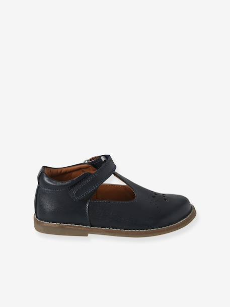 Girls' leather mary janes with touch-and-close fastening navy blue+white 