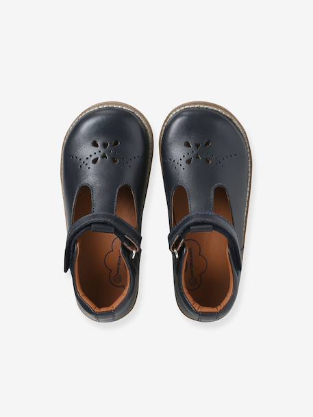 Girls' leather mary janes with touch-and-close fastening navy blue+white 