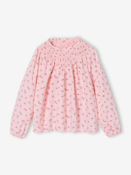 Girl's blouse with smocked sleeves ivory+pale pink+sage green+vanilla 