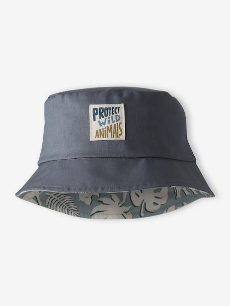 Reversible patterned cotton bucket hat for boys grey blue 