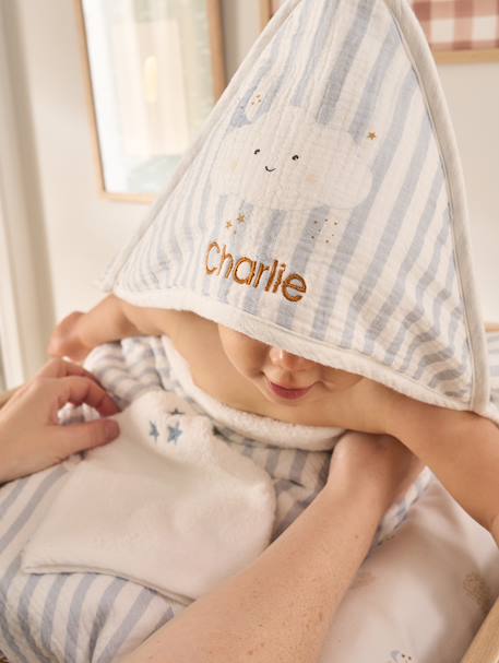 Customisable bath cape + wash mitt IN THE CLOUDS striped blue 