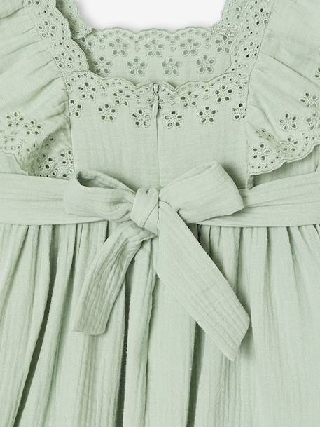 Cotton Gauze Occasion Wear Dress with Broderie Anglaise Sleeves, for Girls pale pink+sage green 