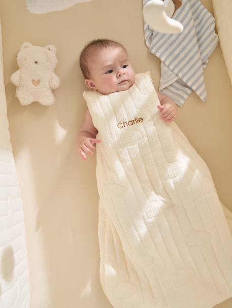 Customisable organic muslin sleeveless baby sleeping bag IN THE CLOUDS ecru 