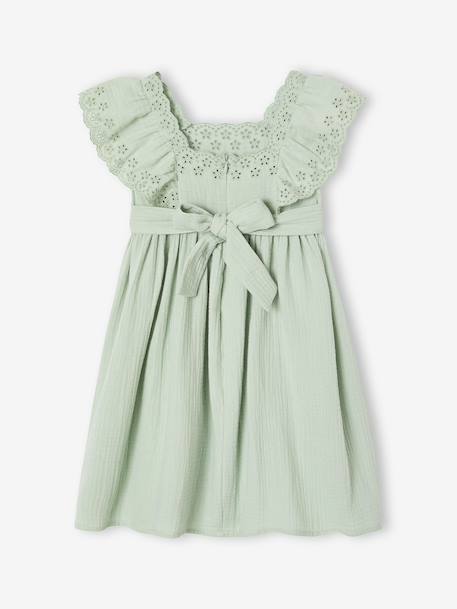 Cotton Gauze Occasion Wear Dress with Broderie Anglaise Sleeves, for Girls pale pink+sage green 
