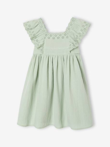 Cotton Gauze Occasion Wear Dress with Broderie Anglaise Sleeves, for Girls pale pink+sage green 