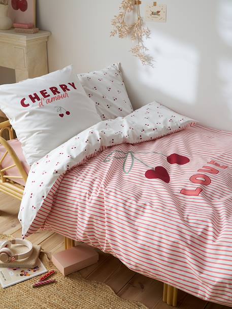 Duvet Cover & Pillowcase Set with Recycled Cotton, CHERRY STRIPES striped red 
