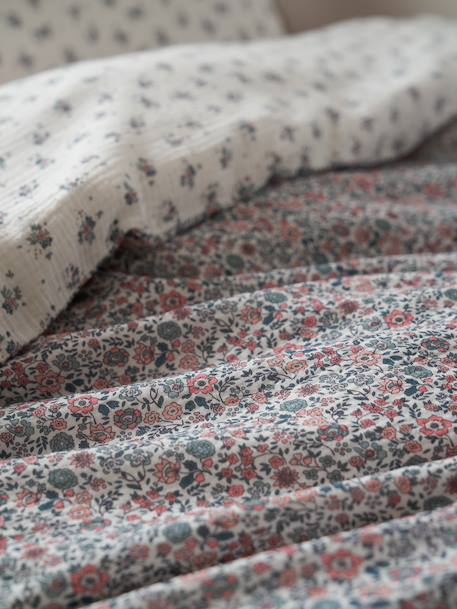Duvet cover and pillowcase set in RETRO FLOWERS cotton gauze, with recycled cotton printed pink 