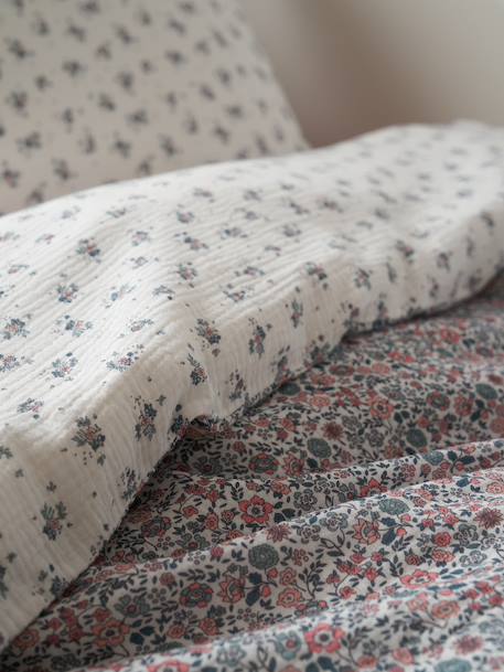 Duvet cover and pillowcase set in RETRO FLOWERS cotton gauze, with recycled cotton printed pink 