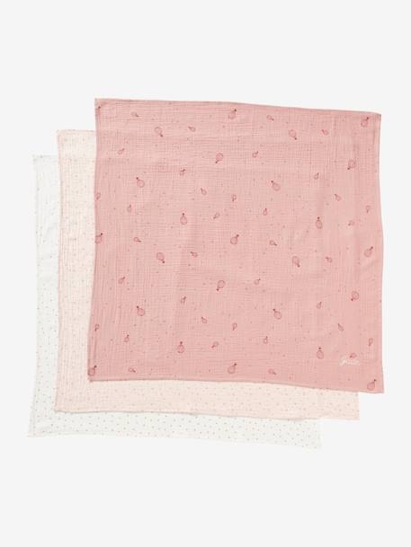 Pack of 3 Muslin Squares in Cotton Gauze Pink/Print 