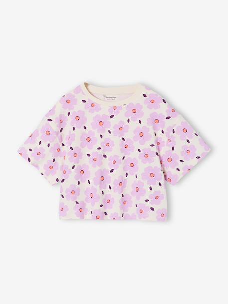 Cropped short-sleeved T-shirt for girls beige+ecru+rosy+striped violet 