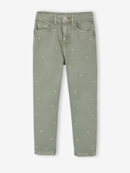 Embroidered girl's mom fit trouser grey green+plum+rosy 