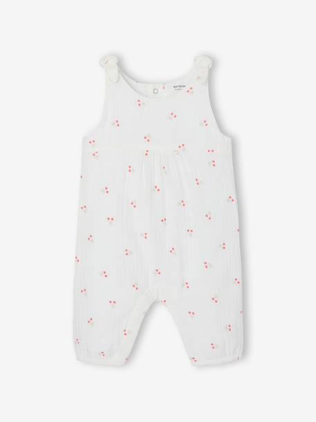 Jumpsuit for Newborn Babies, Embroidery in Cotton Gauze beige+ecru+Light Green/Print 