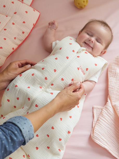Sleeping Bag in Organic Cotton Muslin for Babies, HEART ecru 