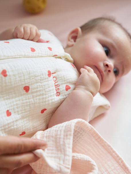 Sleeping Bag in Organic Cotton Muslin for Babies, HEART ecru 