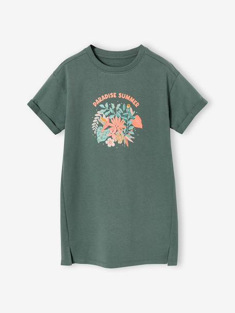 Girls' dress in lightweight fleece green+marl grey+sage green+striped blue 