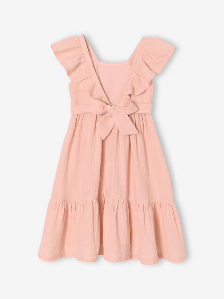 Girl's midi dress in cotton gauze pale pink 